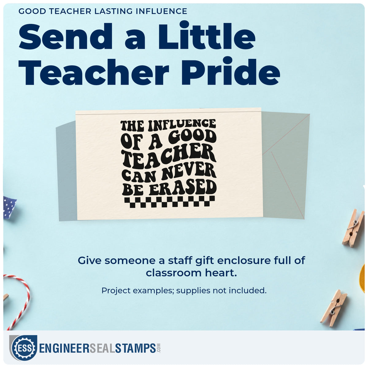 A finished handmade project stamped with the Teacher Influence Cannot Be Erased Checkerboard Wood Handle Stamp, ideal for diner night tags.