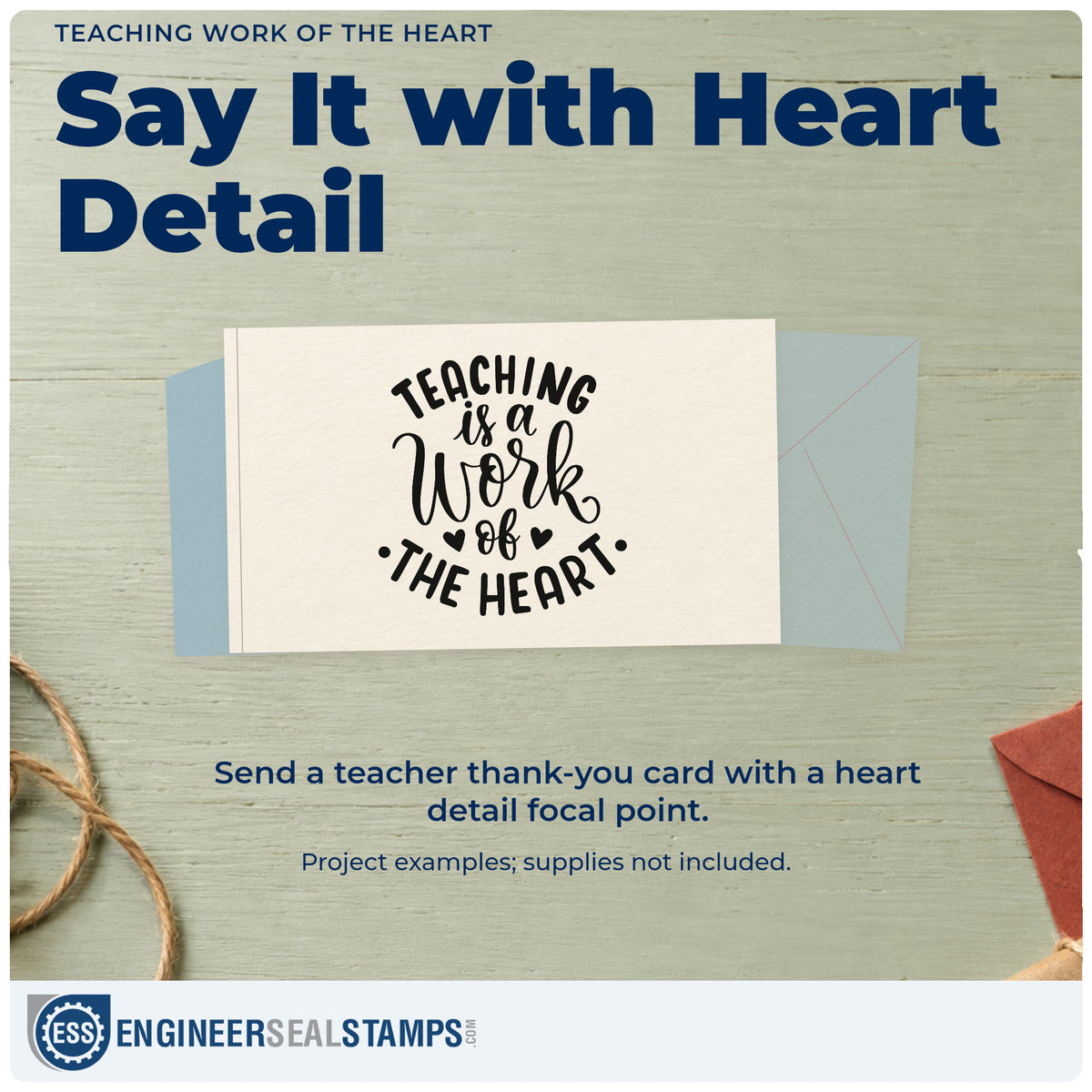 A finished handmade project stamped with the Teaching Is A Work Of The Heart Hand Stamp – Duo, ideal for arch display tags.