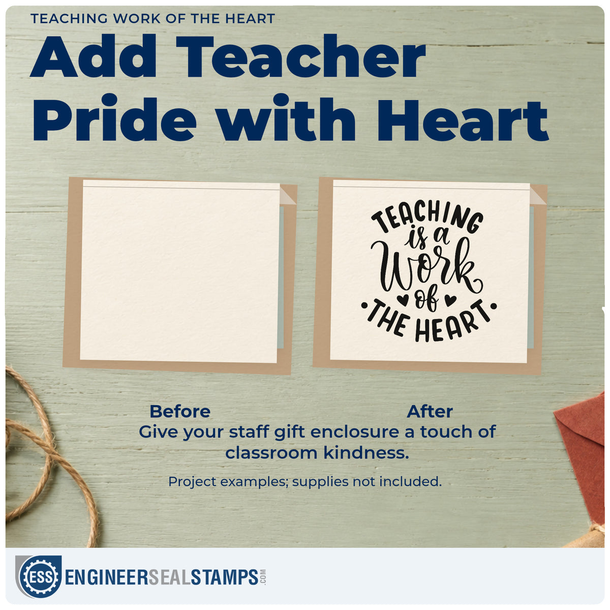 Before and after of a plain item finished with the Teaching Is A Work Of The Heart Hand Stamp – Duo, a quick upgrade for fan fold seals.