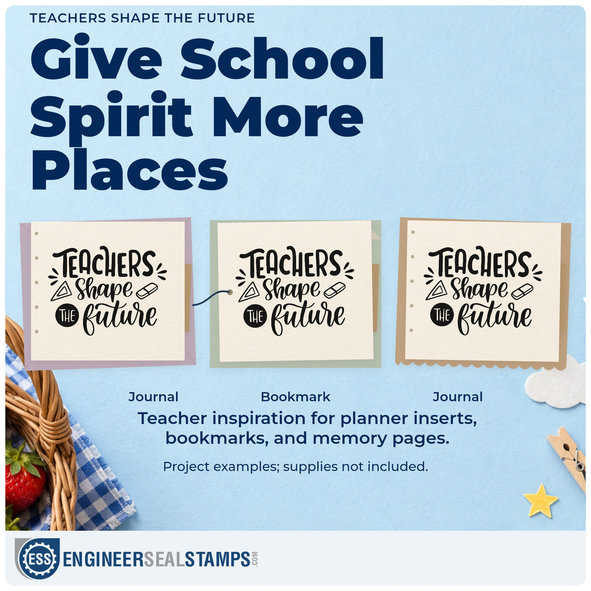 Three project examples made with the Teachers Shaping Futures Lettering Stamp – Self-Inking, including tool rack labels.