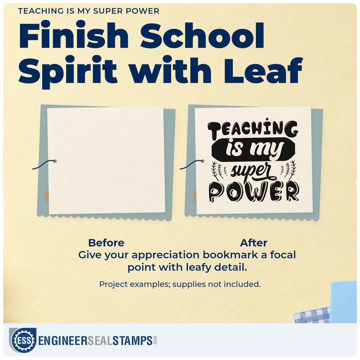 Before and after of a plain item finished with the Teaching Is My Super Power Leaf Sprig Accent Self-Inking Craft Stamp, a quick upgrade for site pack seals.