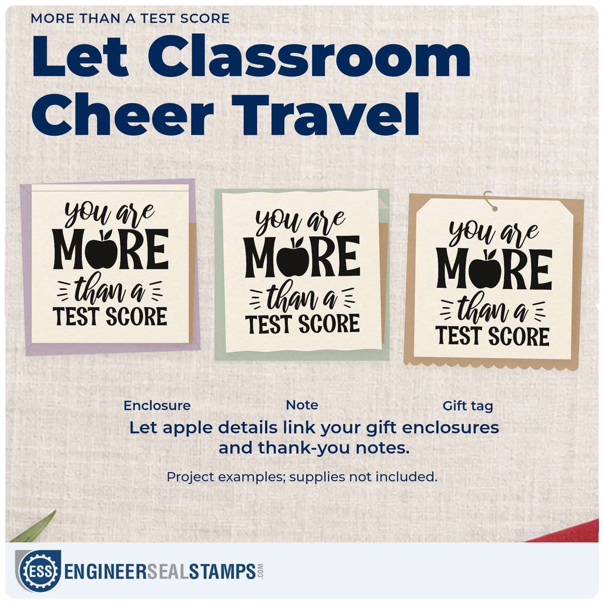 Three project examples made with the Self-Inking You Are More Than A Test Score Stamp, including helpline card labels.
