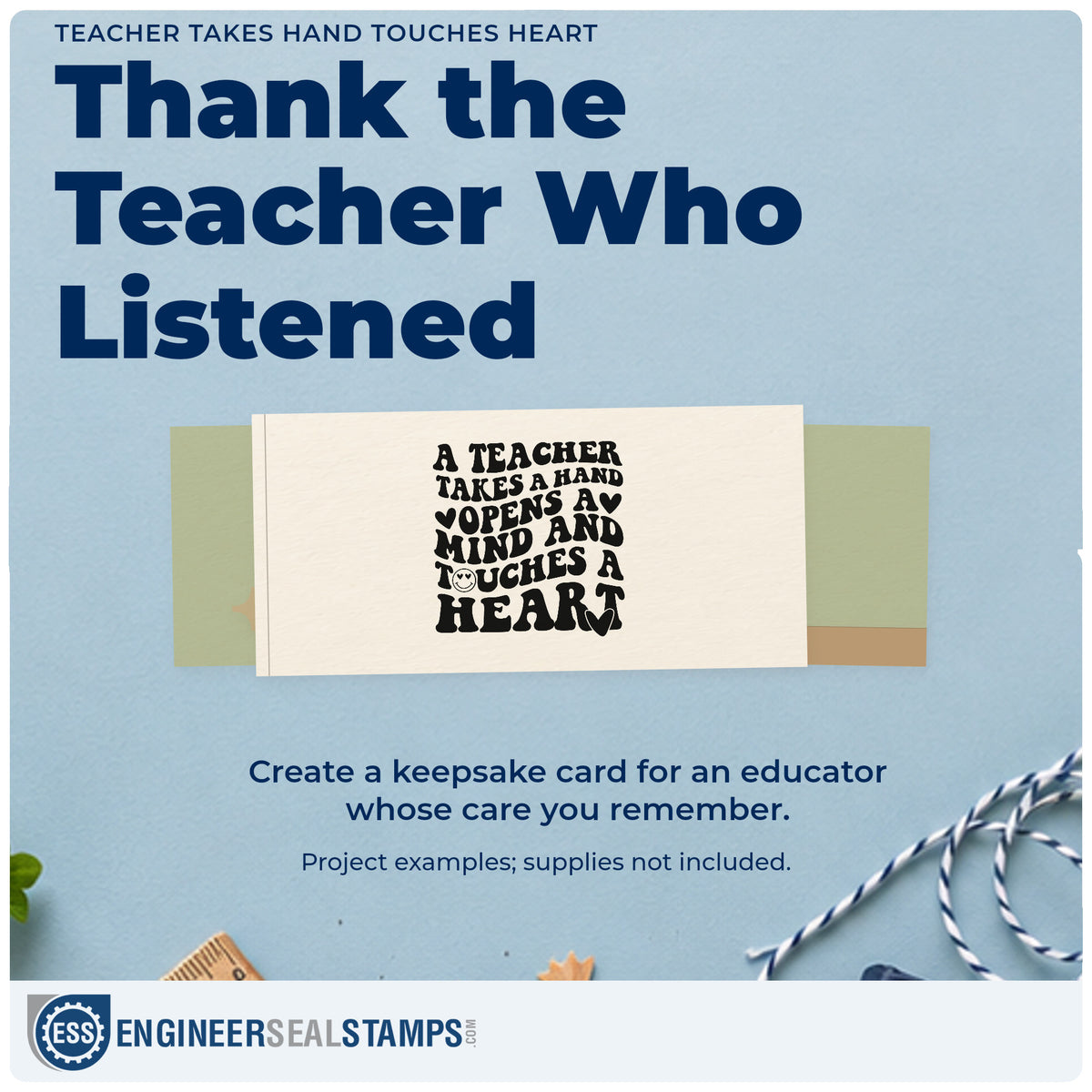 A finished handmade project stamped with the Teacher Takes Hand Touches Heart Pre-Inked Stamp – Slim, ideal for buddy pair tags.