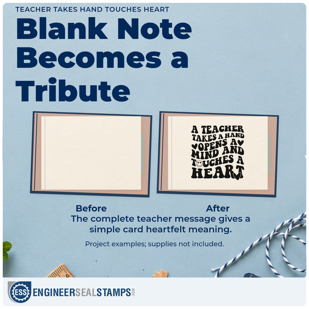 Before and after of a plain item finished with the Teacher Takes Hand Touches Heart Pre-Inked Stamp – Slim, a quick upgrade for praise slip seals.