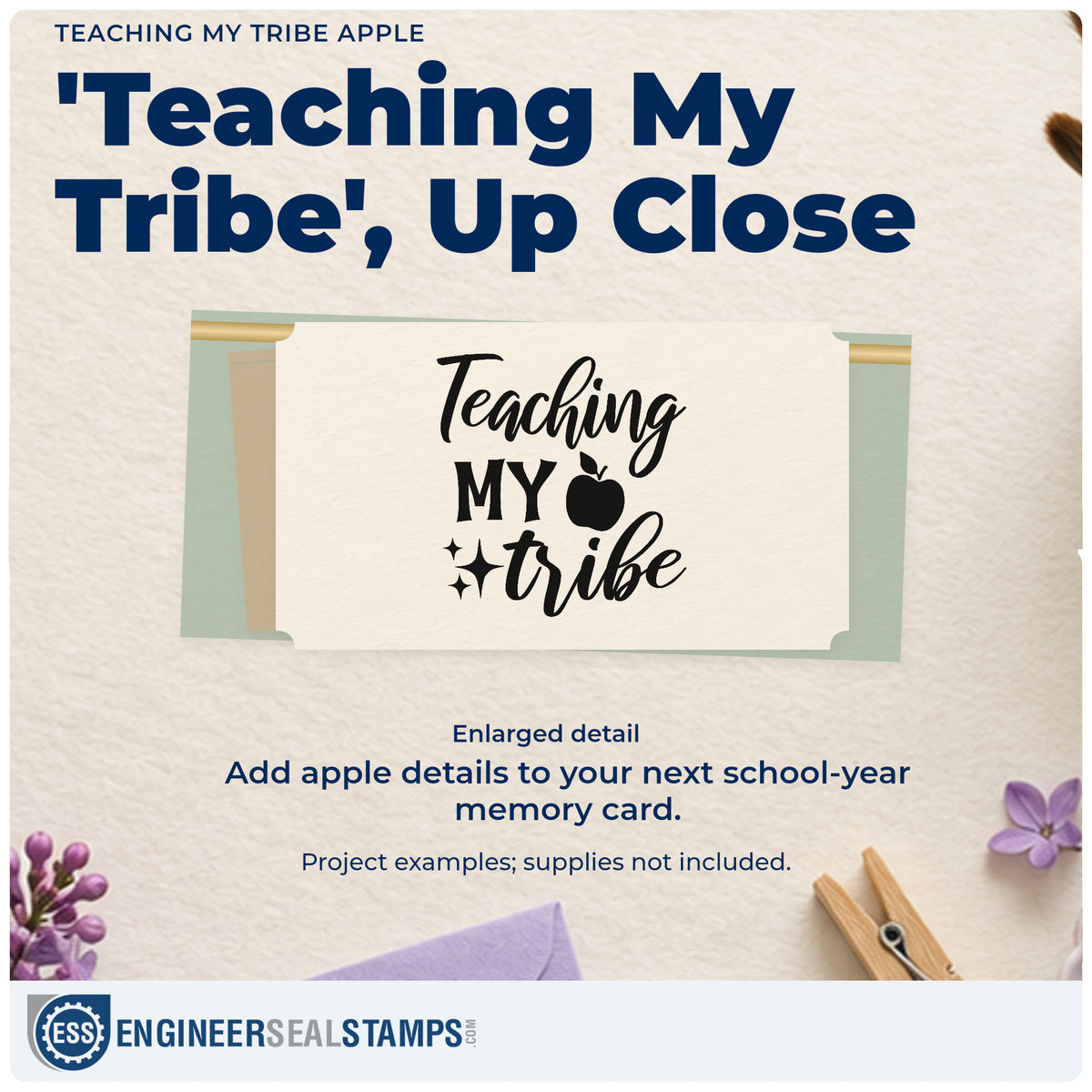 Enlarged detail of the Teaching My Tribe Apple With Sparkles Premium Wooden Stamp – Vintage Pro imprint. “Teaching My Tribe” features an apple and several sparkles.
