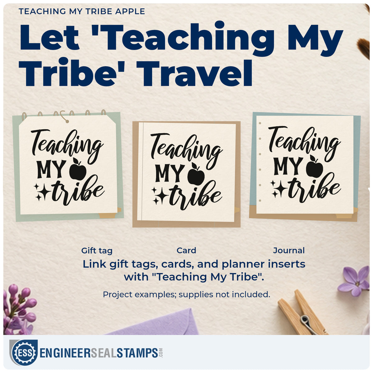 Three project examples made with the Teaching My Tribe Apple With Sparkles Self-Inking Stamp, including kit bag labels.