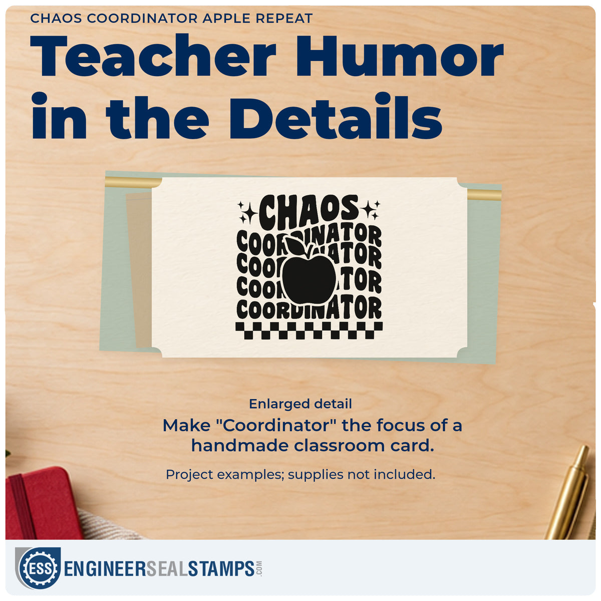 Enlarged detail of the Chaos Coordinator Apple Repeat PSI Pre-Inked Stamp imprint. Repeated “Coordinator” lettering sits below “Chaos,” behind an apple and above a checkerboard border.
