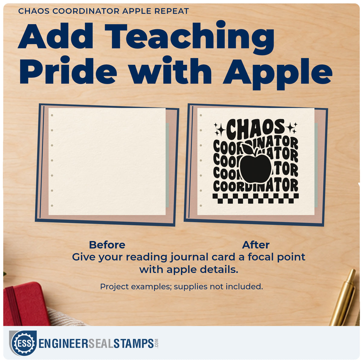 Before and after of a plain item finished with the Chaos Coordinator Apple Repeat Rubber Stamp – Wood Handle, a quick upgrade for incident pad seals.