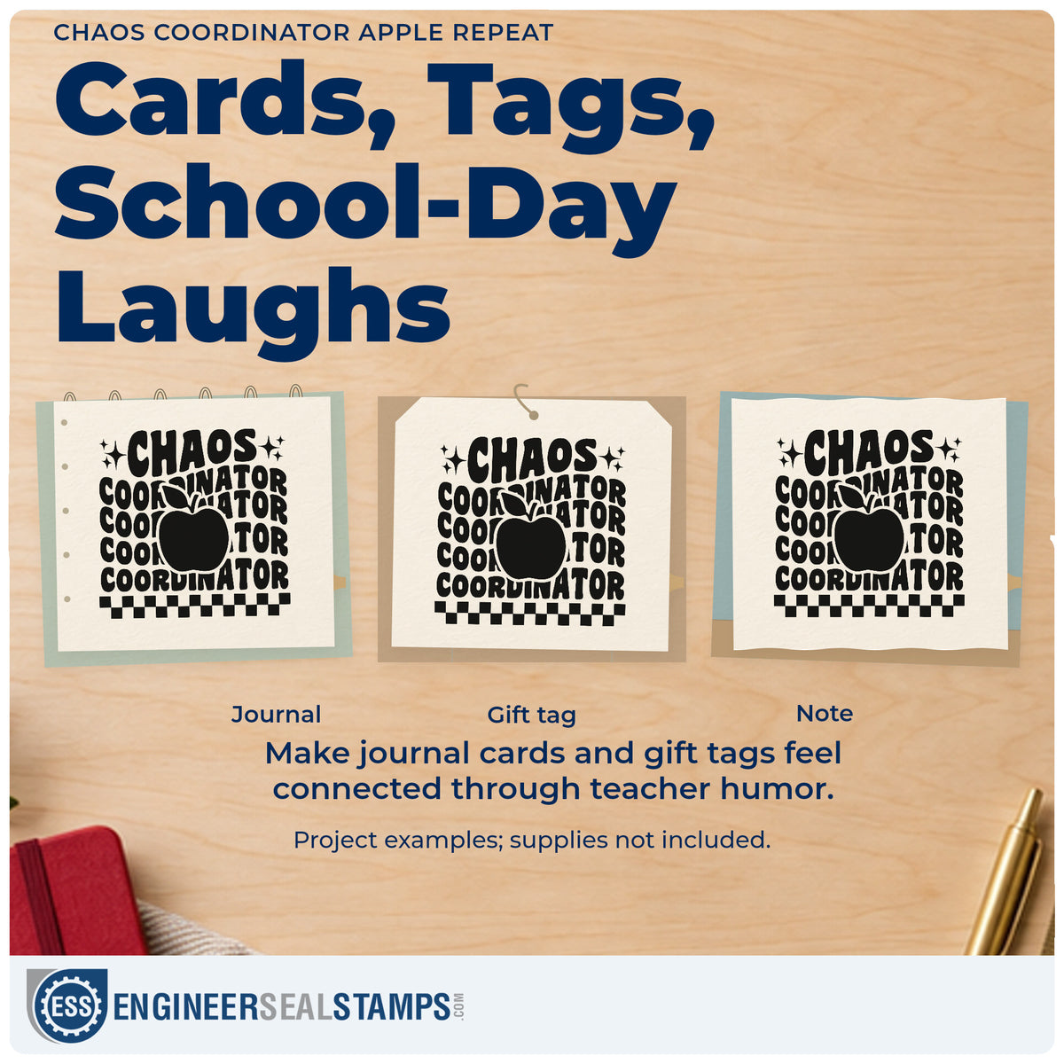 Three project examples made with the Chaos Coordinator Apple Repeat Stamp – Self-Inking, including trolley bin labels.
