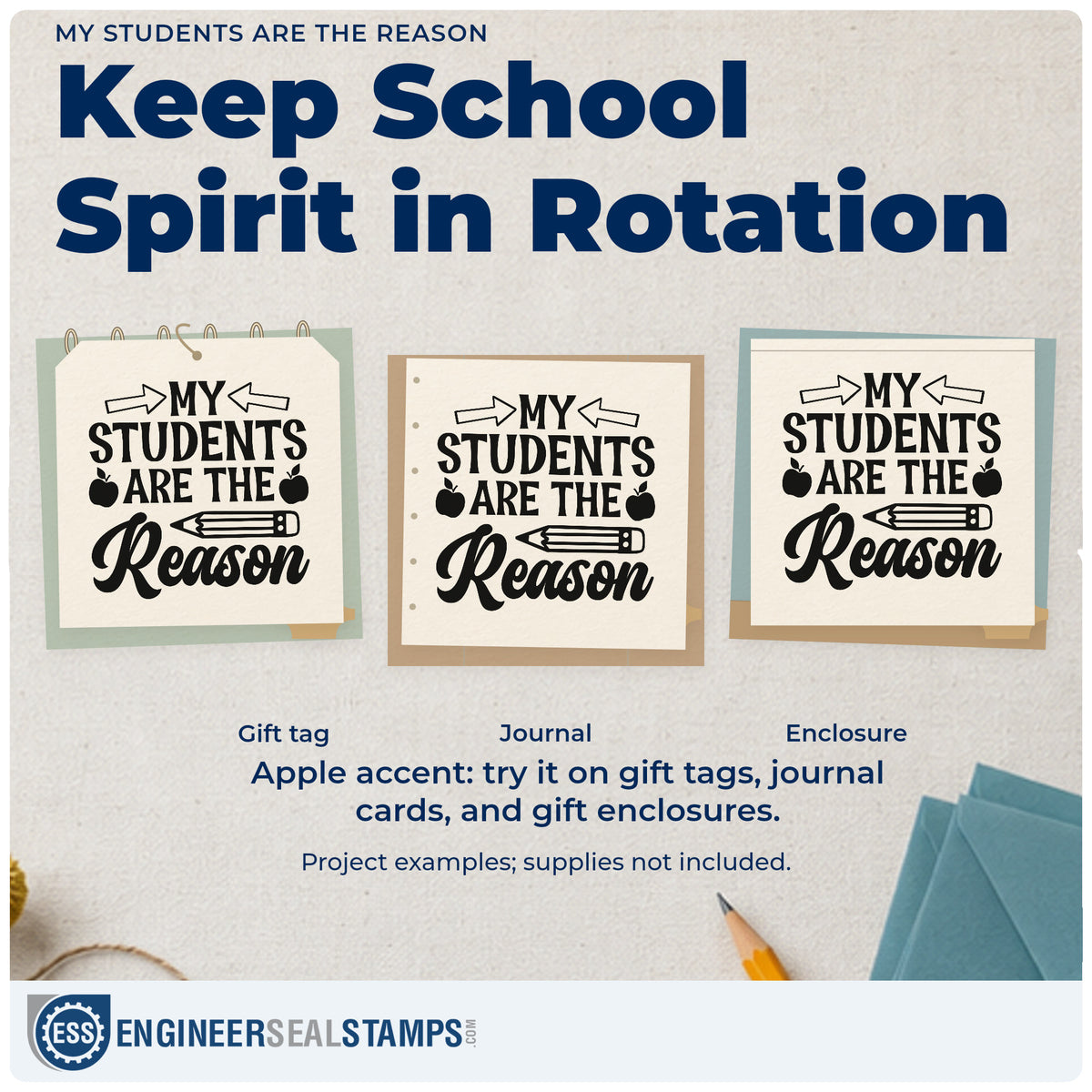 Three project examples made with the My Students Are The Reason Apple Self-Inking Stamp, including pigeonhole labels.