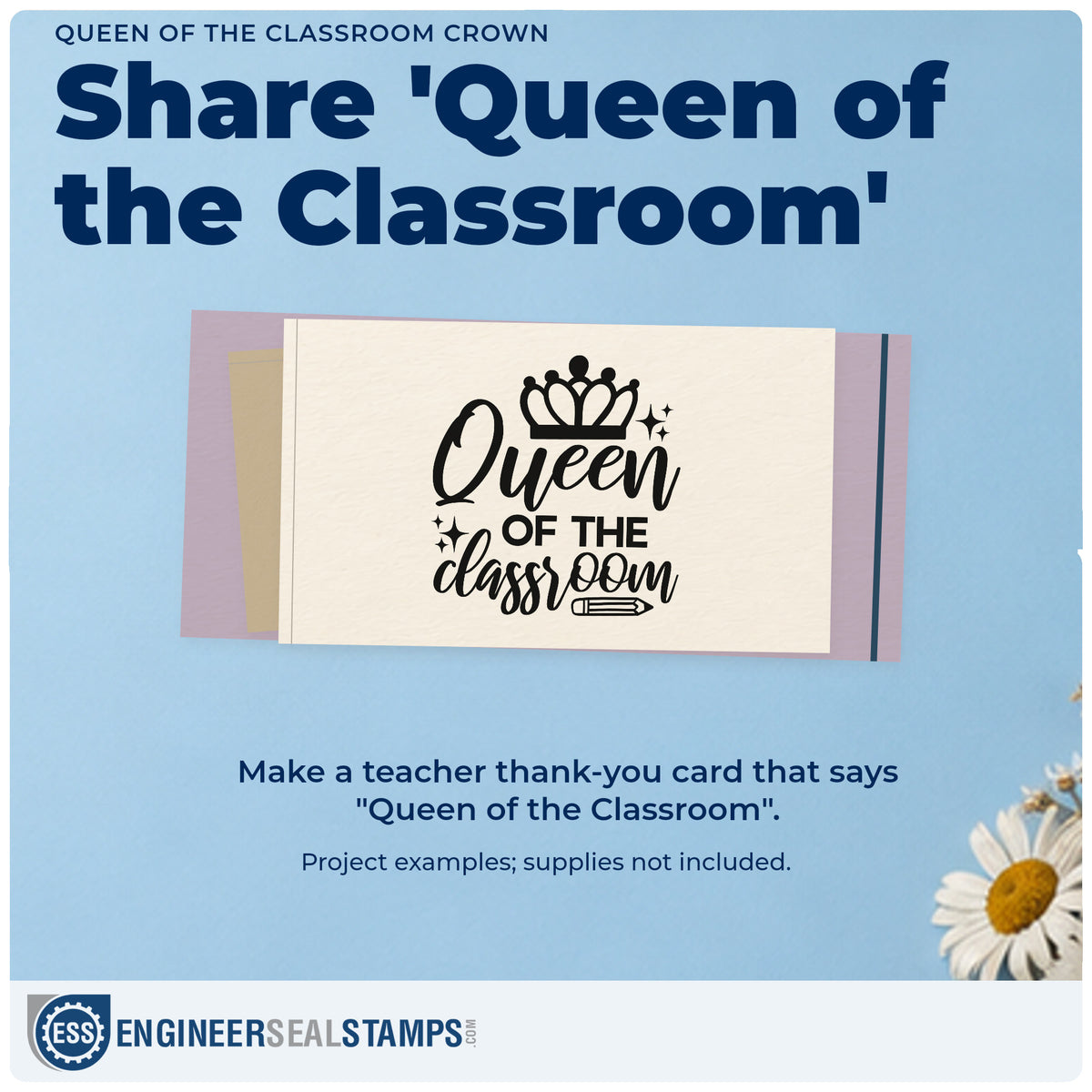 A finished handmade project stamped with the Queen Of The Classroom Crown Pencil Rubber Stamp – Duo Hand, ideal for coronation tags.