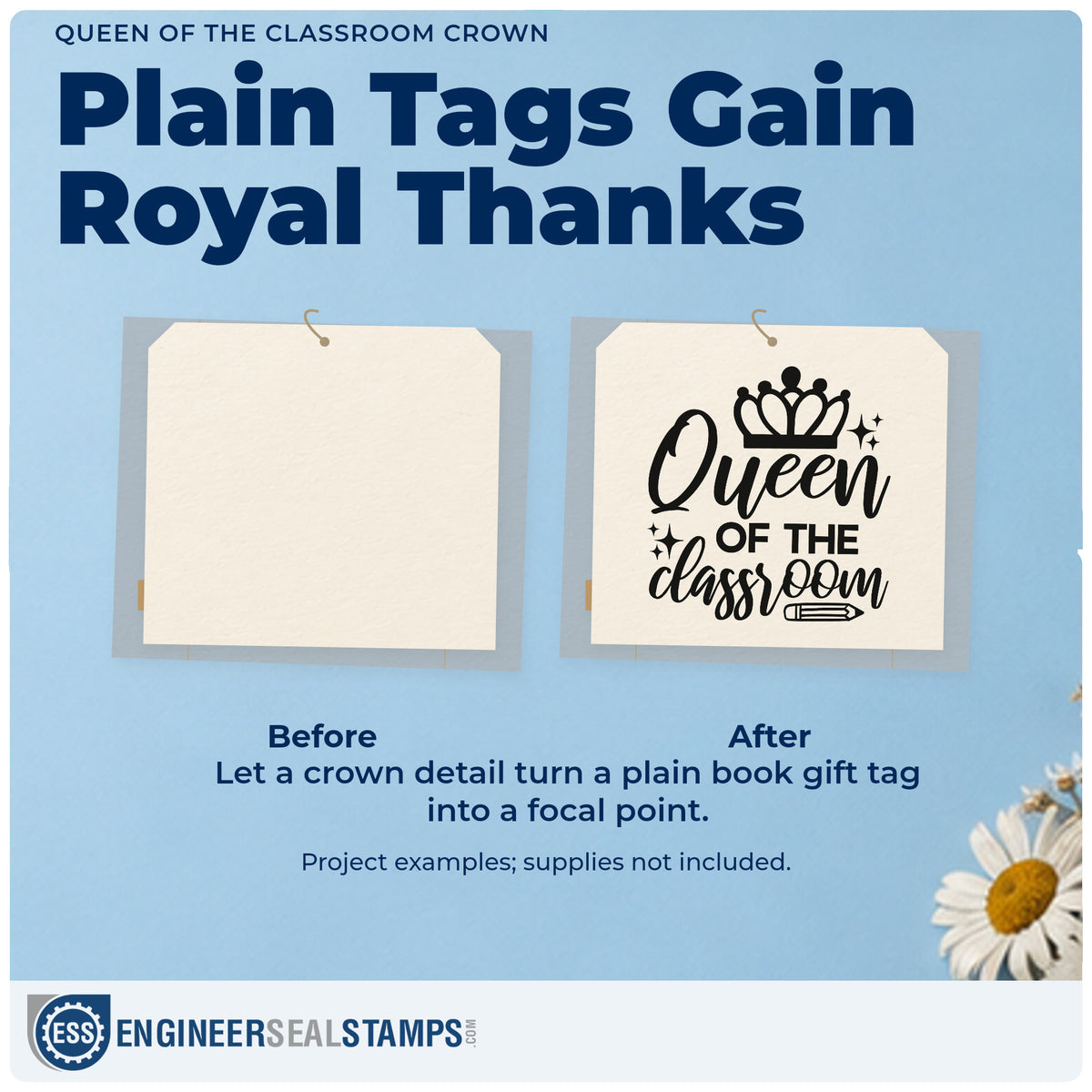 Before and after of a plain item finished with the Queen Of The Classroom Crown Pencil Rubber Stamp – Duo Hand, a quick upgrade for royal fold seals.
