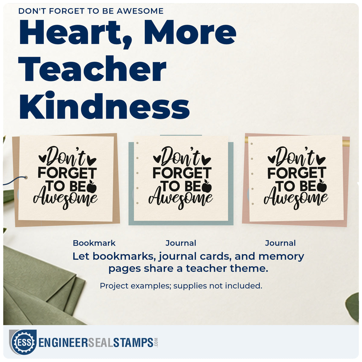 Three project examples made with the Don't Forget To Be Awesome Apple Rubber Stamp – Wood Handle, including mirror vinyl labels.