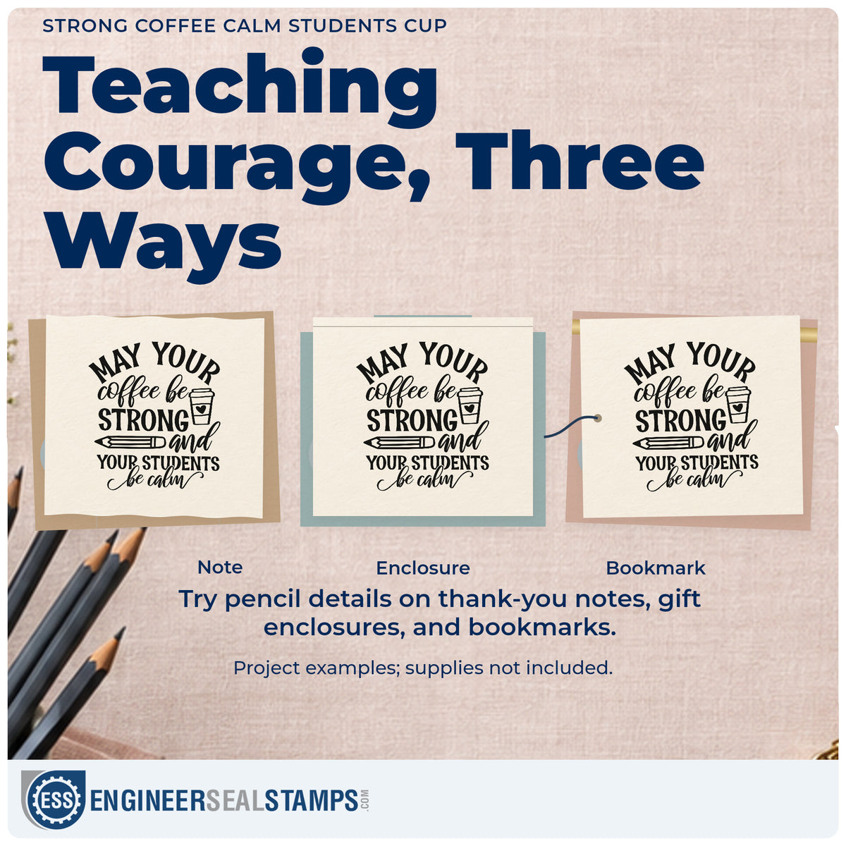 Three project examples made with the Strong Coffee Calm Students Cup Self-Inking Stamp, including bean bag labels.