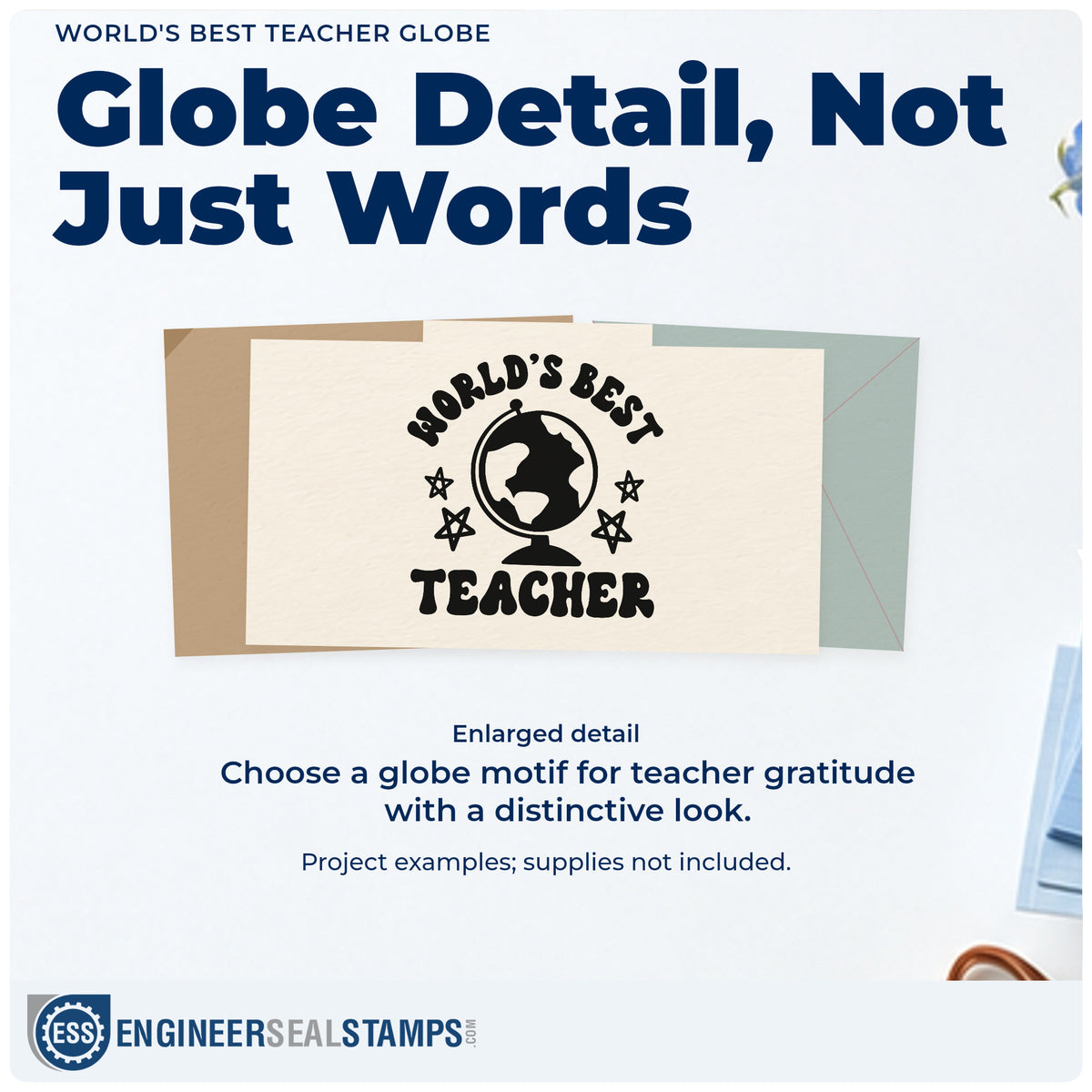 Enlarged detail of the Self-Inking World's Best Teacher Globe With Stars Stamp imprint. “World's Best Teacher” surrounds a globe with hand-drawn stars.