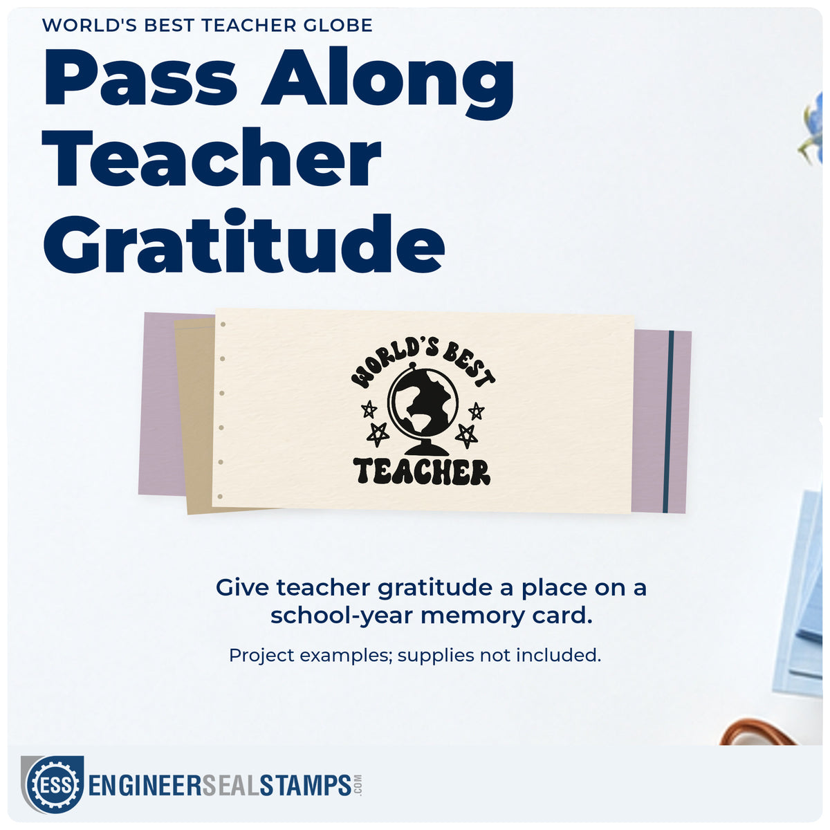 A finished handmade project stamped with the World's Best Teacher Globe With Stars Pre-Inked Stamp – PSI, ideal for star chart tags.