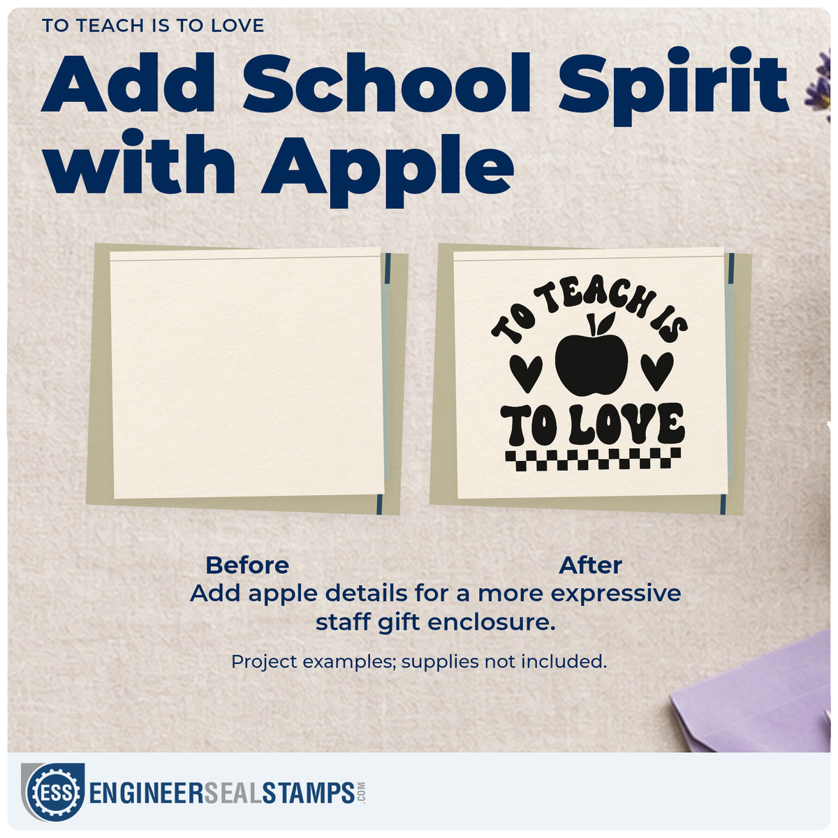 Before and after of a plain item finished with the To Teach Is To Love Stamp – Self-Inking, a quick upgrade for paper bag seals.