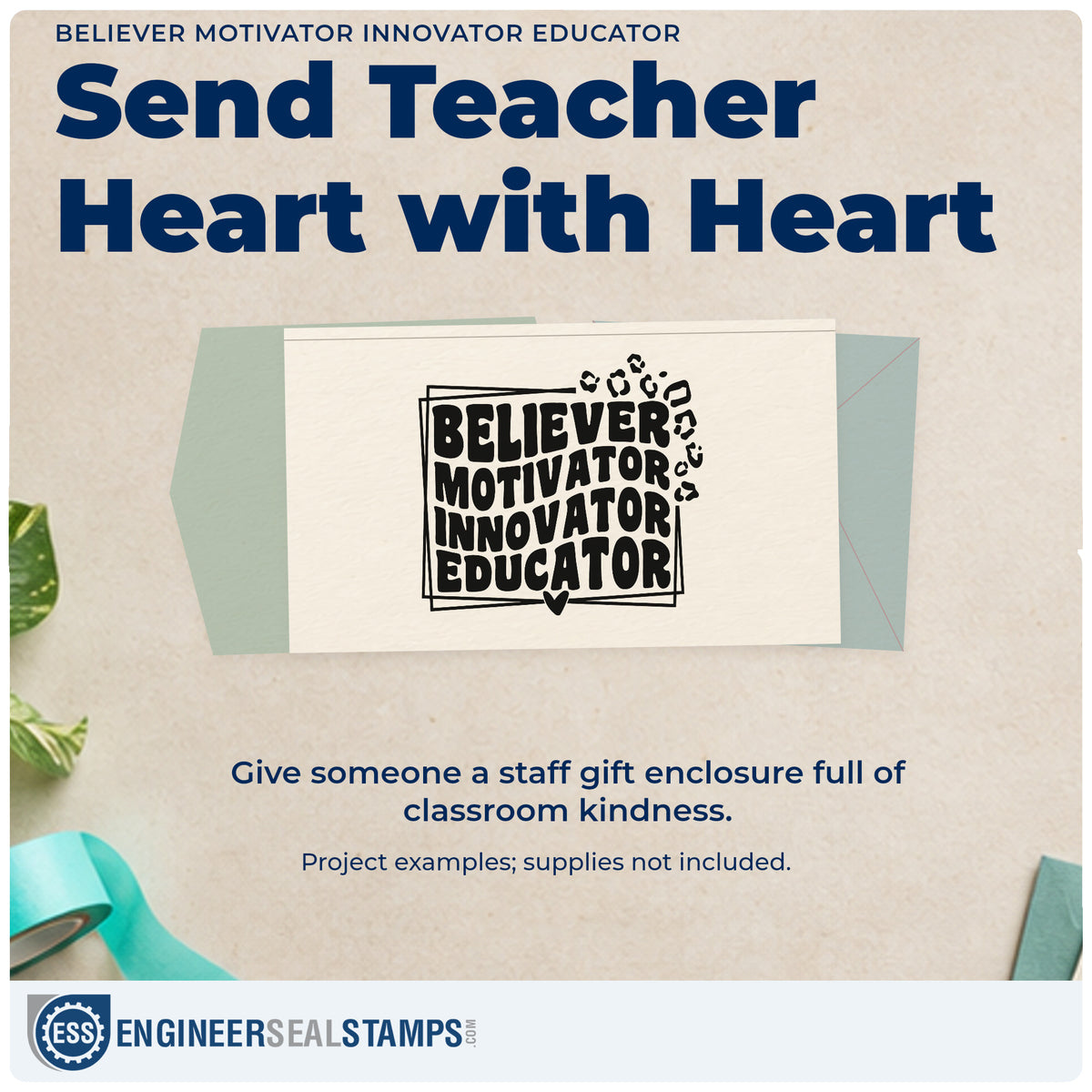 A finished handmade project stamped with the Believer Motivator Innovator Educator Rubber Stamp – Wood Handle, ideal for role badge tags.