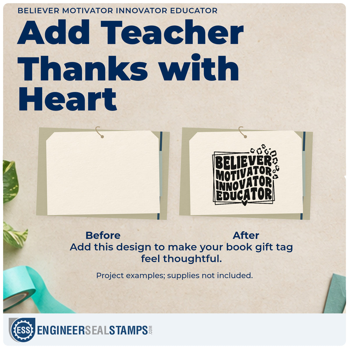 Before and after of a plain item finished with the Believer Motivator Innovator Educator PSI Pre-Inked Stamp, a quick upgrade for appraisal seals.