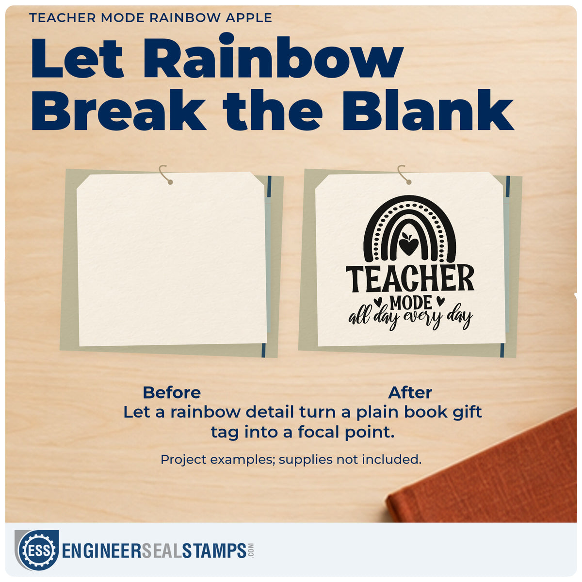 Before and after of a plain item finished with the Teacher Mode Rainbow Apple Wood Handle Stamp, a quick upgrade for craft pack seals.