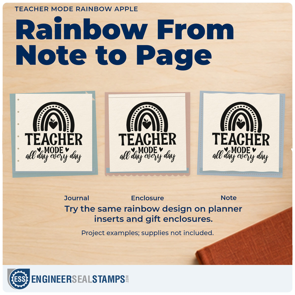 Three project examples made with the Teacher Mode Rainbow Apple Pre-Inked Stamp – Slim, including paint pot labels.