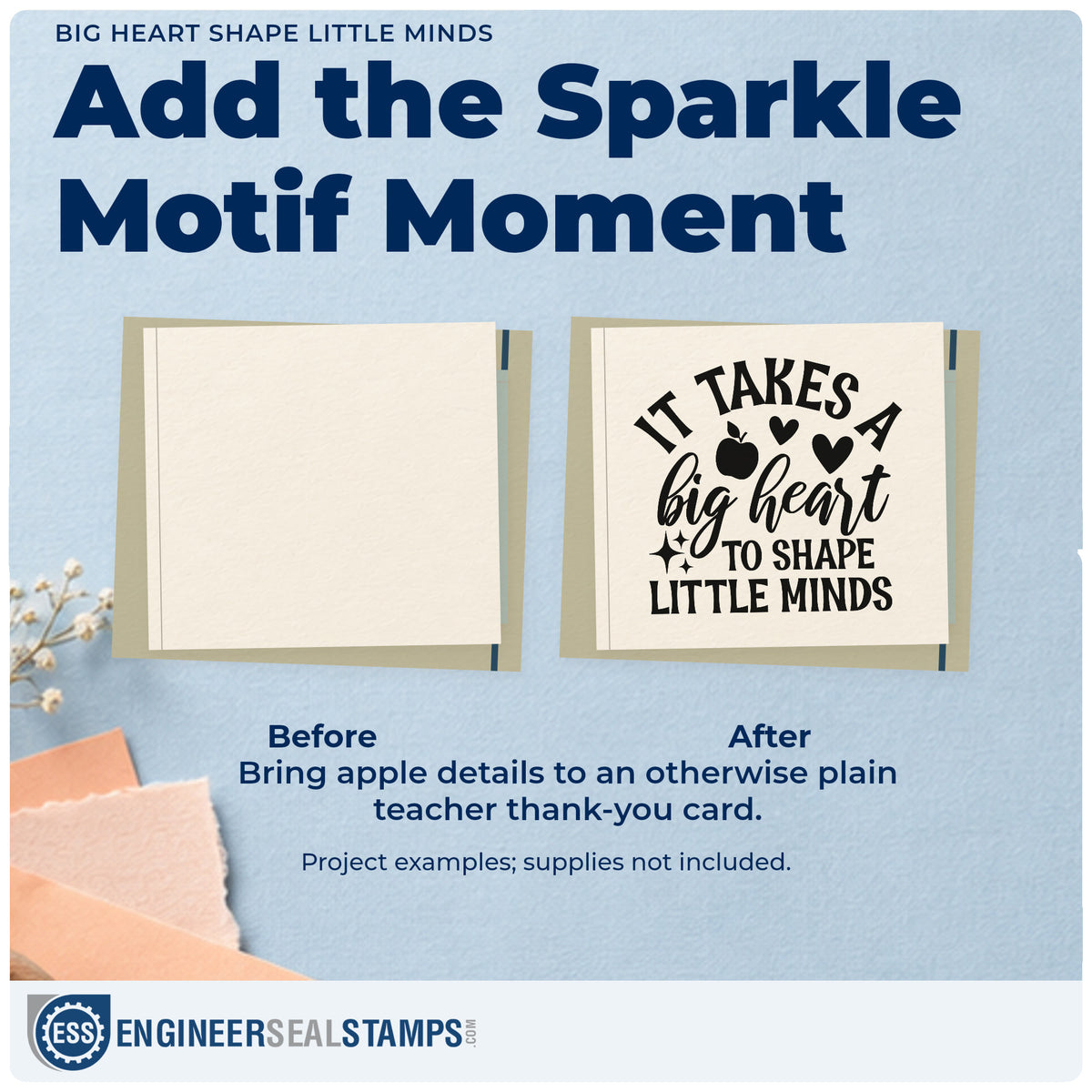 Before and after of a plain item finished with the It Takes A Big Heart To Shape Little Minds Apple Rubber Stamp – Wood Handle, a quick upgrade for policy pack seals.
