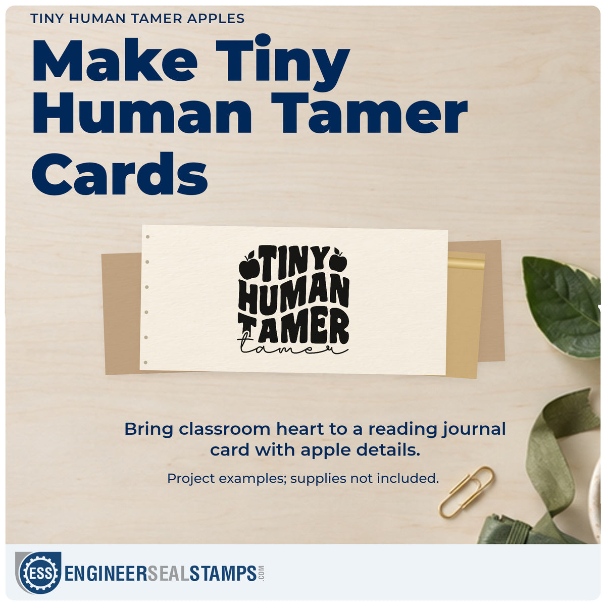 A finished handmade project stamped with the Tiny Human Tamer Apples Script Lettering Stamp – Wood Handle, ideal for party host tags.