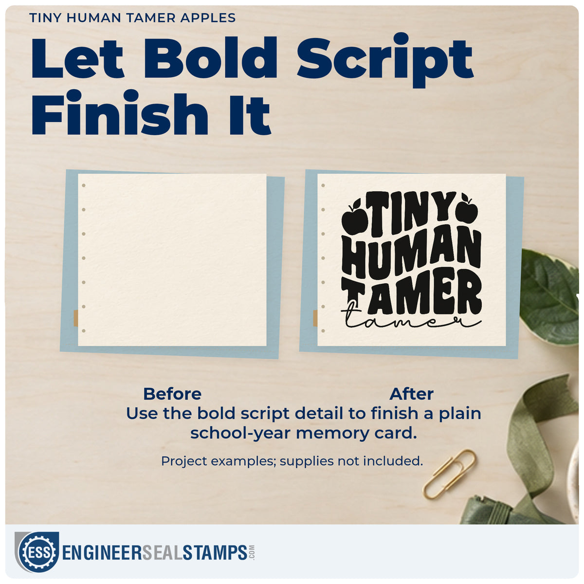 Before and after of a plain item finished with the Tiny Human Tamer Apples Script Lettering PSI Pre-Inked Stamp, a quick upgrade for party bag seals.