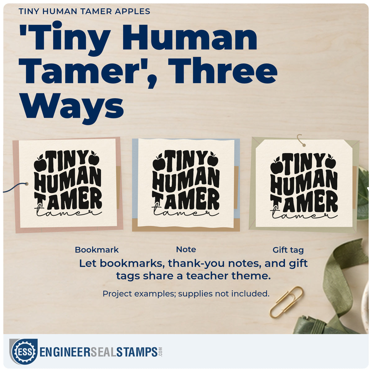 Three project examples made with the Tiny Human Tamer Apples Script Lettering Compact Pre-Inked Stamp – Slim, including ball pit labels.