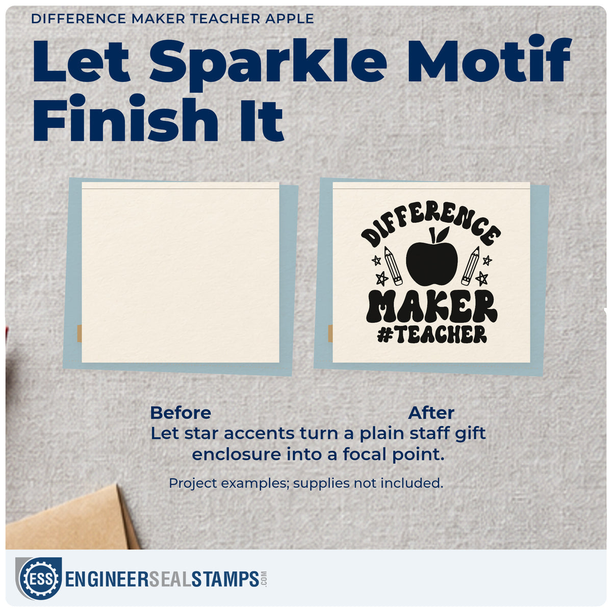 Before and after of a plain item finished with the Difference Maker Teacher Apple Pencil Rubber Stamp – Wood Handle, a quick upgrade for ballot fold seals.