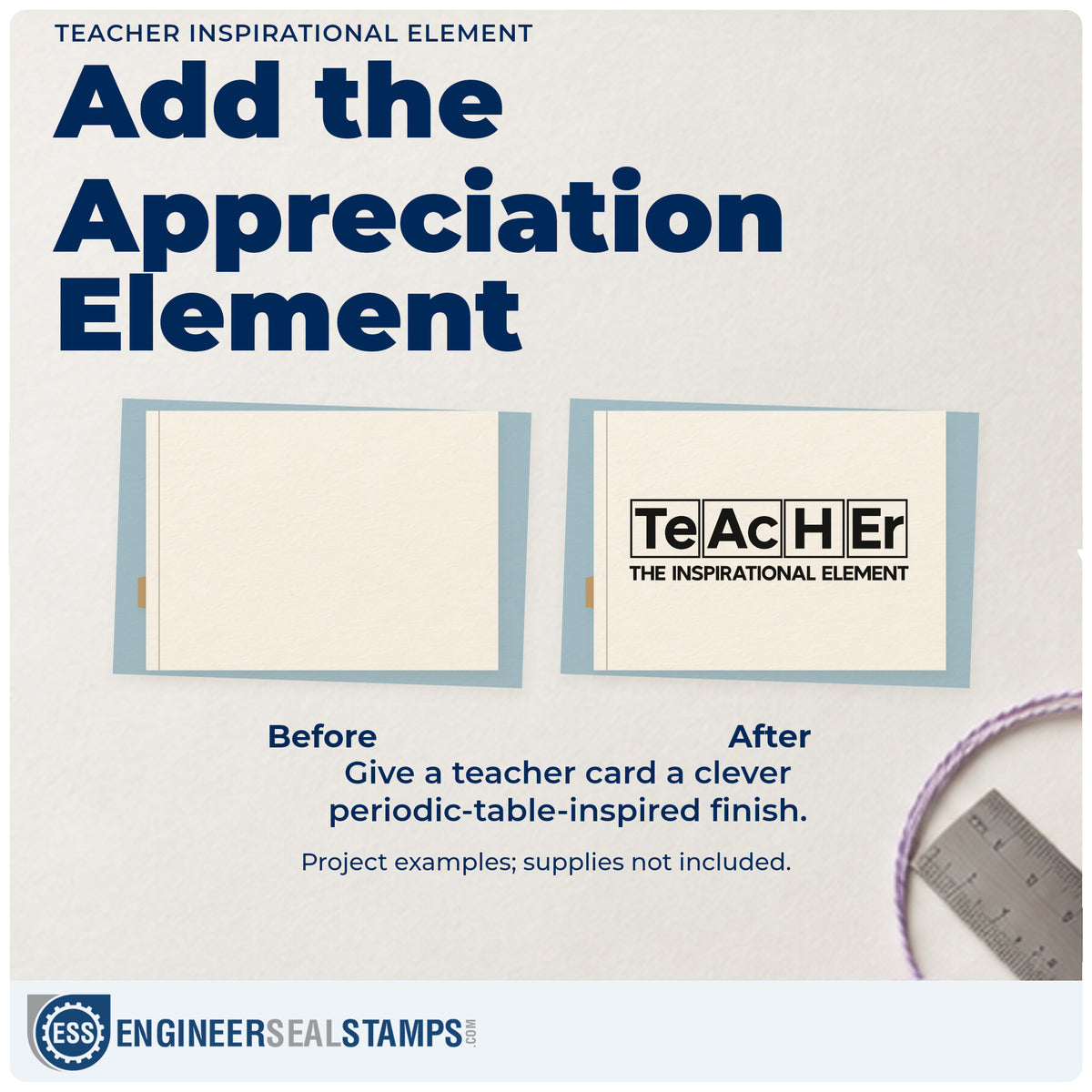 Before and after of a plain item finished with the Teacher Inspirational Element Pre-Inked Stamp – PSI, a quick upgrade for hazard card seals.