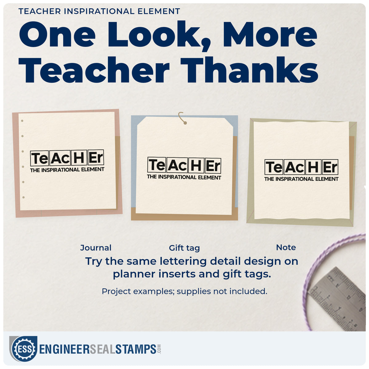 Three project examples made with the Teacher Inspirational Element Premium Wooden Stamp – Vintage Pro, including test tube labels.