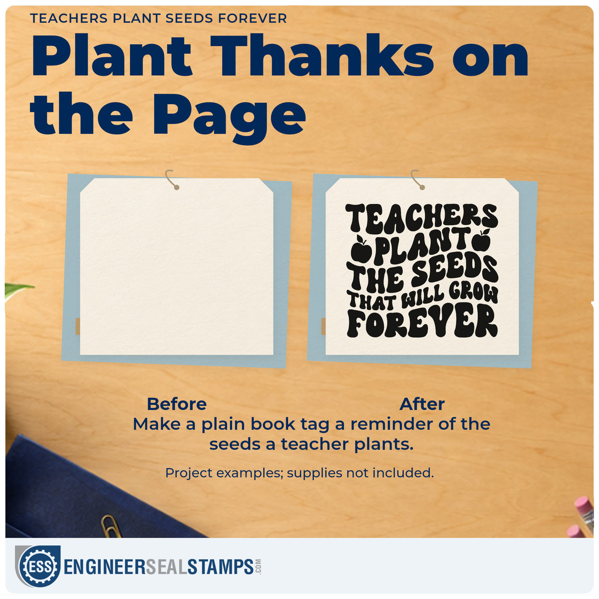 Before and after of a plain item finished with the Teachers Plant Seeds Forever Wood-Mounted Rubber Stamp, a quick upgrade for seed packet seals.
