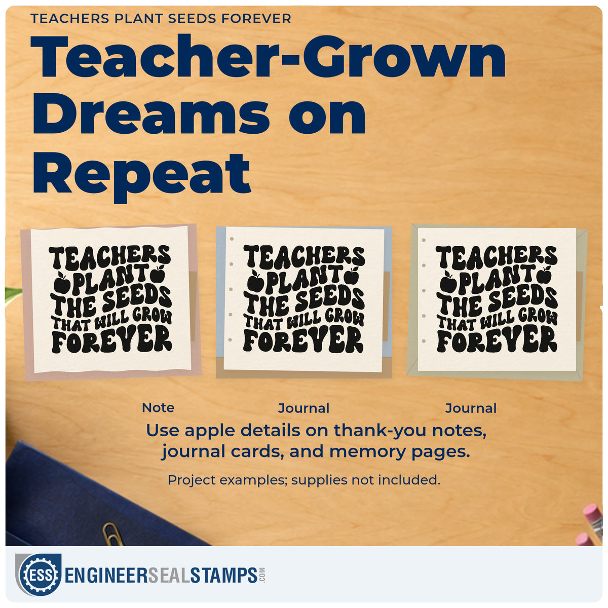 Three project examples made with the Teachers Plant Seeds Forever PSI Pre-Inked Stamp, including grow kit labels.