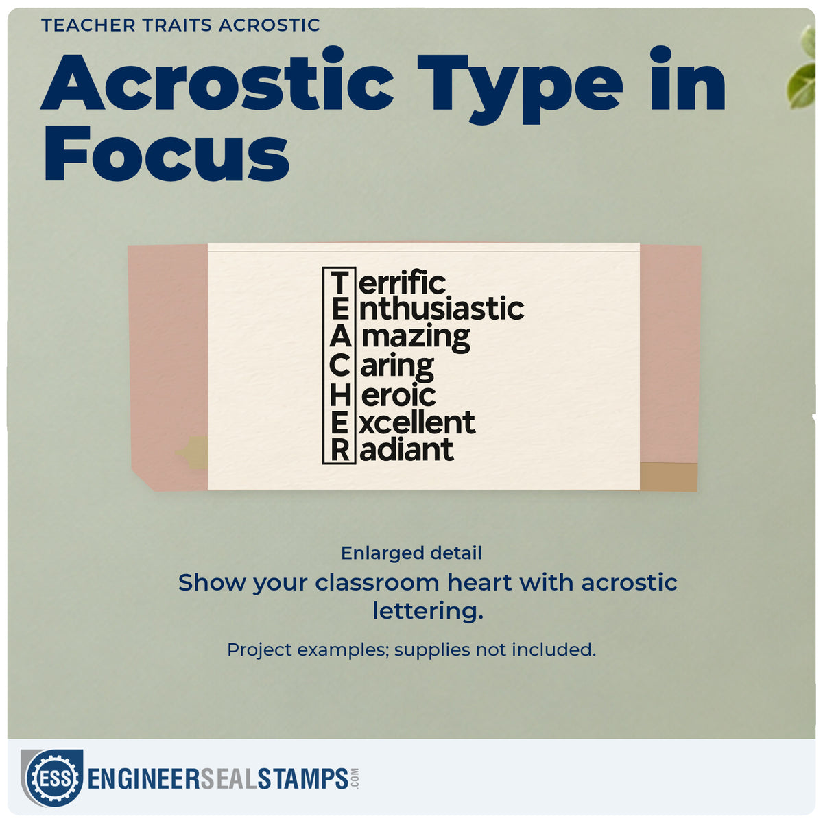 Enlarged detail of the Terrific Enthusiastic Teacher Word Ladder Pre-Inked Stamp – PSI imprint. A boxed vertical TEACHER begins Terrific, Enthusiastic, Amazing, Caring, Heroic, Excellent, and Radiant.