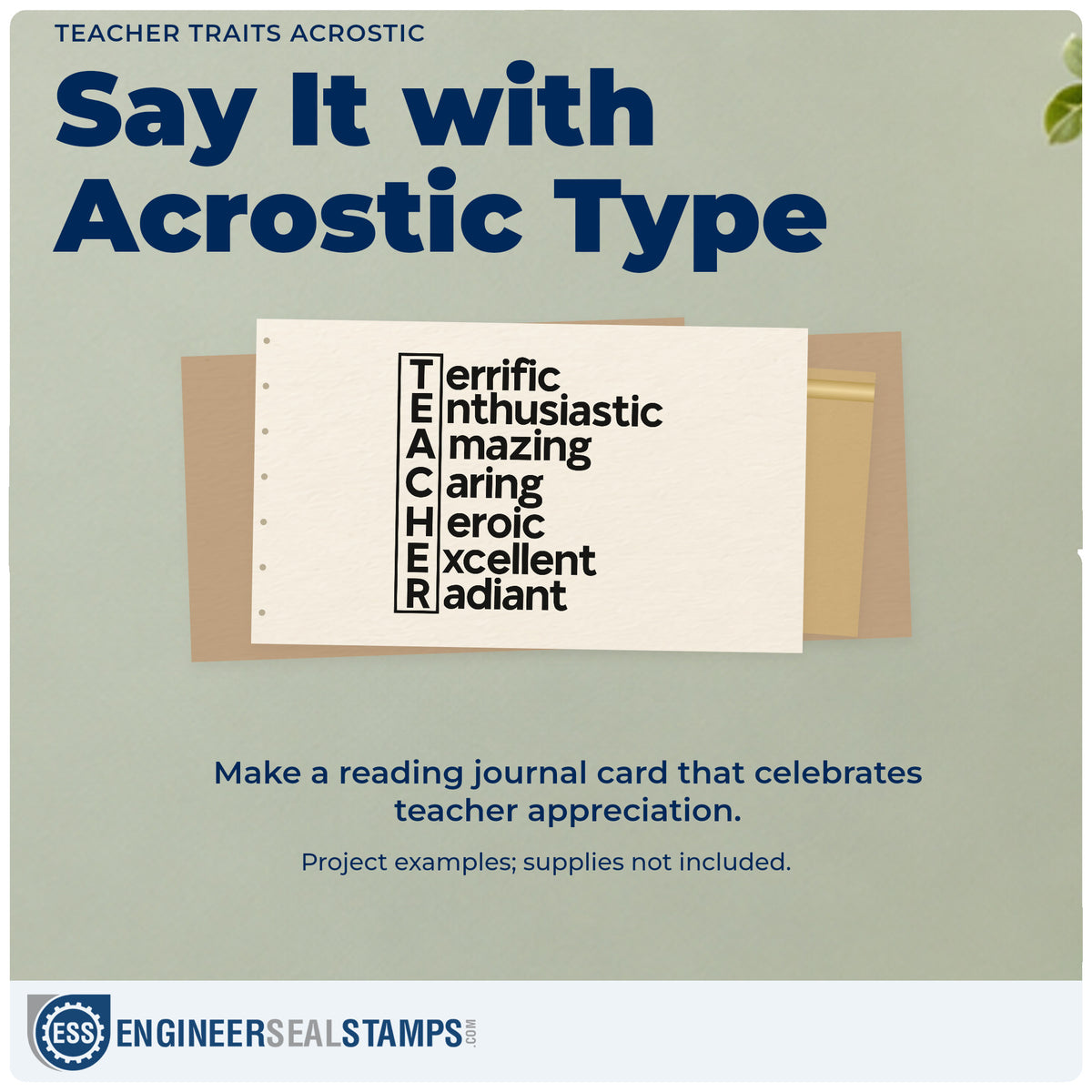 A finished handmade project stamped with the Self-Inking Terrific Enthusiastic Teacher Word Ladder Stamp, ideal for adjective tags.