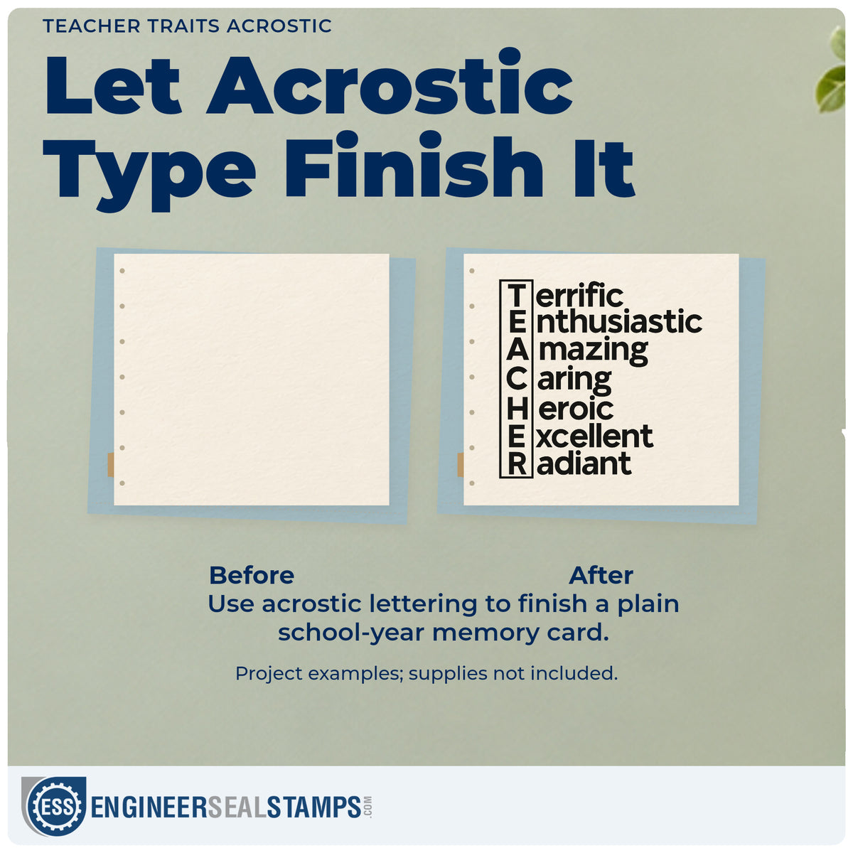 Before and after of a plain item finished with the Terrific Enthusiastic Teacher Word Ladder Stamp – Duo Hand, a quick upgrade for praise post seals.