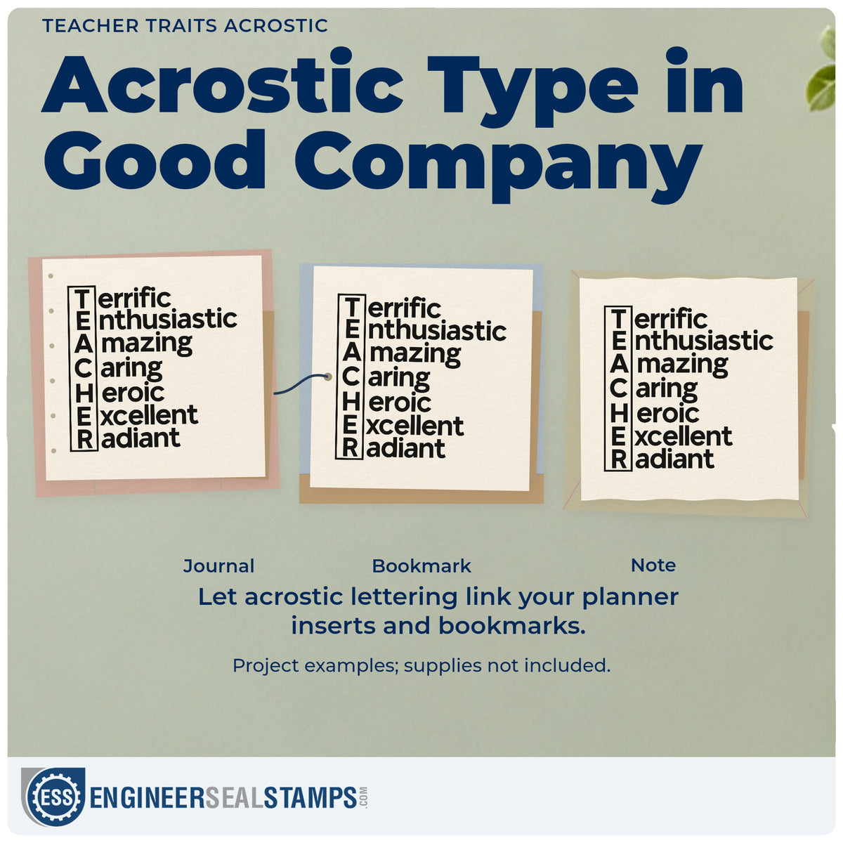 Three project examples made with the Terrific Enthusiastic Teacher Word Ladder Stamp – Duo Hand, including letter bin labels.