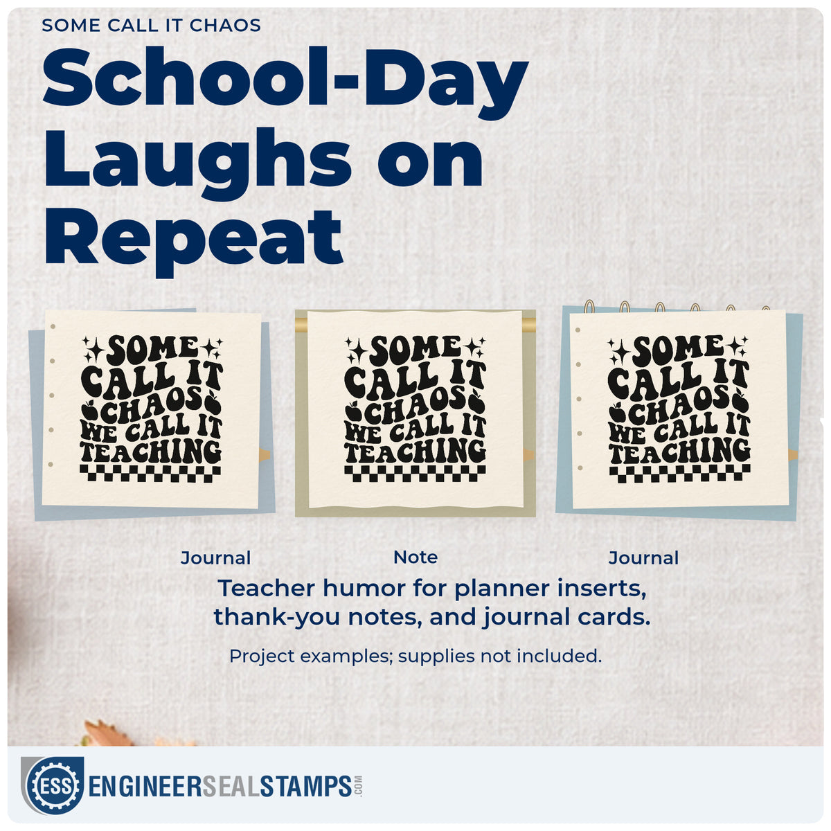 Three project examples made with the Some Call It Chaos Rubber Stamp – Duo Hand, including craft trolley labels.