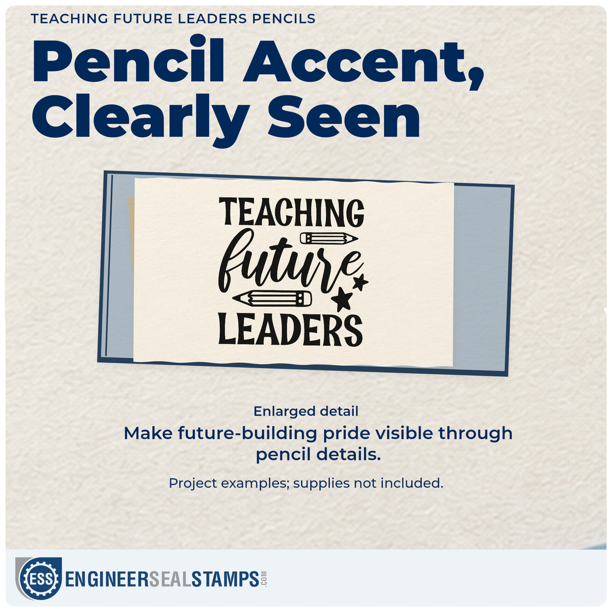 Enlarged detail of the Teaching Future Leaders Pencils With Stars Self-Inking Stamp imprint. “Teaching Future Leaders” features two pencils and stars.