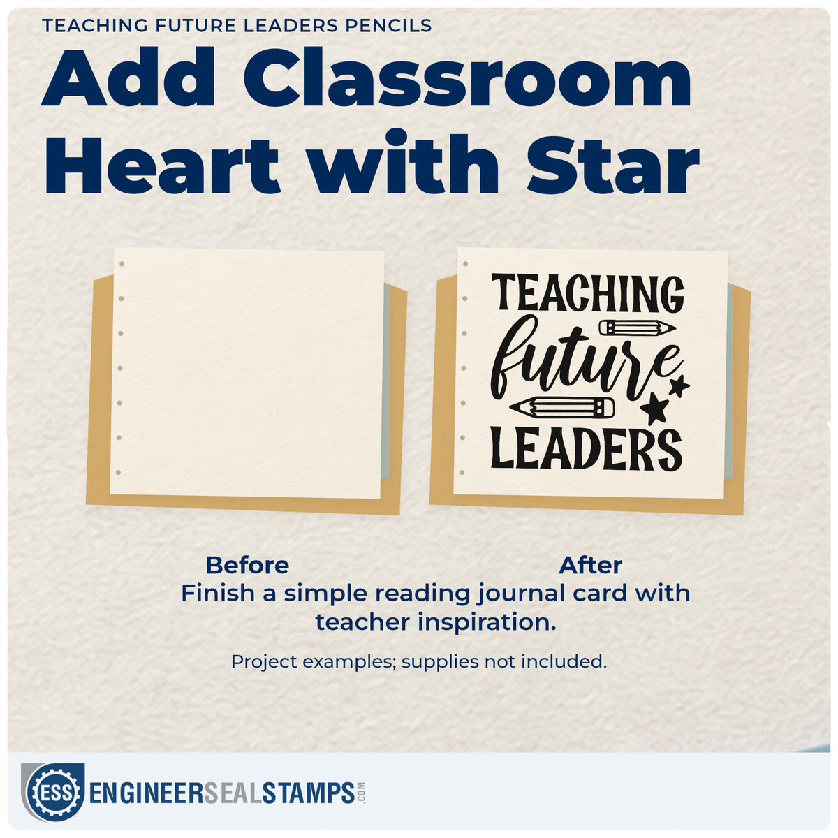 Before and after of a plain item finished with the Teaching Future Leaders Pencils With Stars Self-Inking Stamp, a quick upgrade for minutes pack seals.