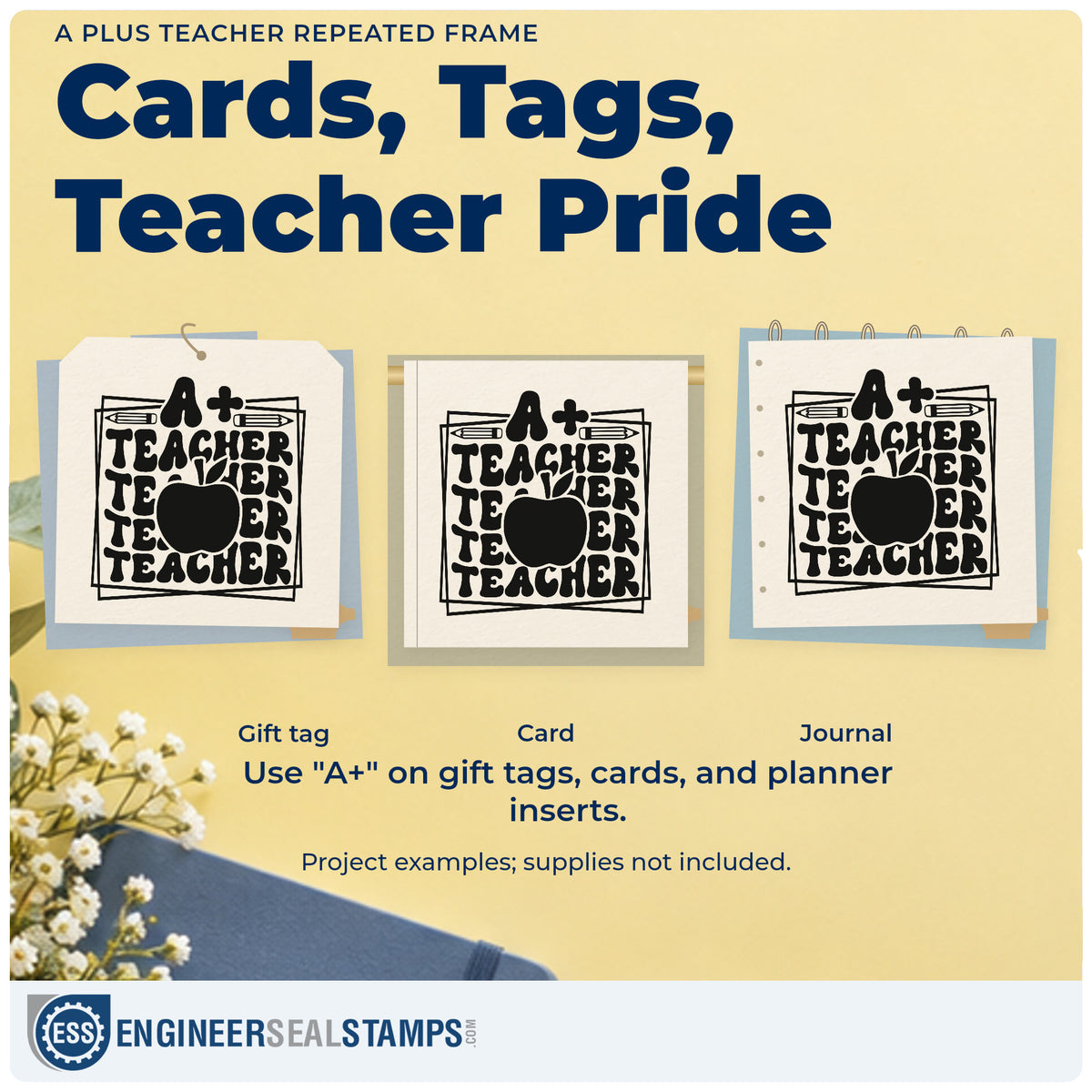 Three project examples made with the A Plus Teacher Repeated Frame Hand Stamp – Duo, including revision box labels.