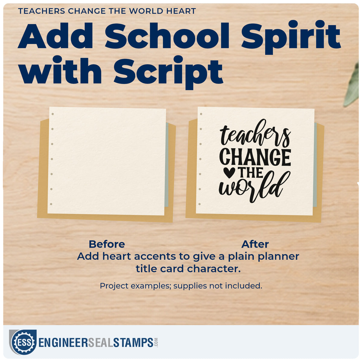Before and after of a plain item finished with the Teachers Change The World With Hearts Slim Pre-Inked Stamp, a quick upgrade for receipt book seals.