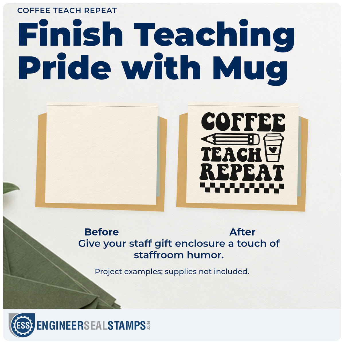 Before and after of a plain item finished with the Coffee Teach Repeat Pencil Craft Stamp – Self-Inking, a quick upgrade for takeaway cup seals.