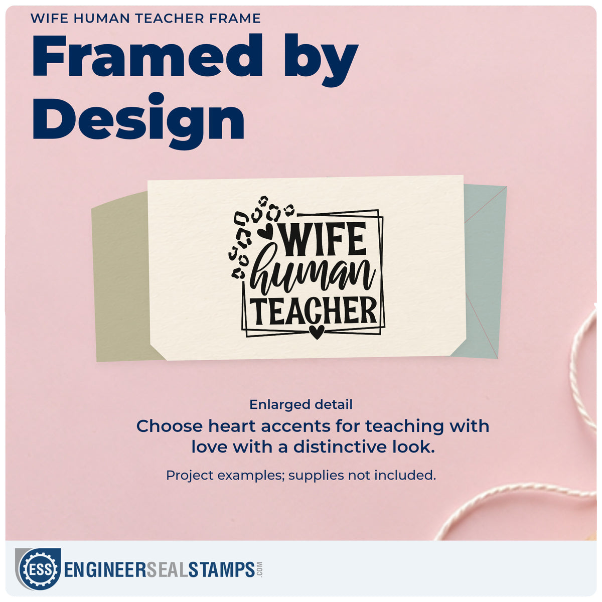 Enlarged detail of the Wife Human Teacher Rubber Stamp – Duo Hand imprint. “Wife Human Teacher” sits in a sketched frame with animal-print spots and a heart.