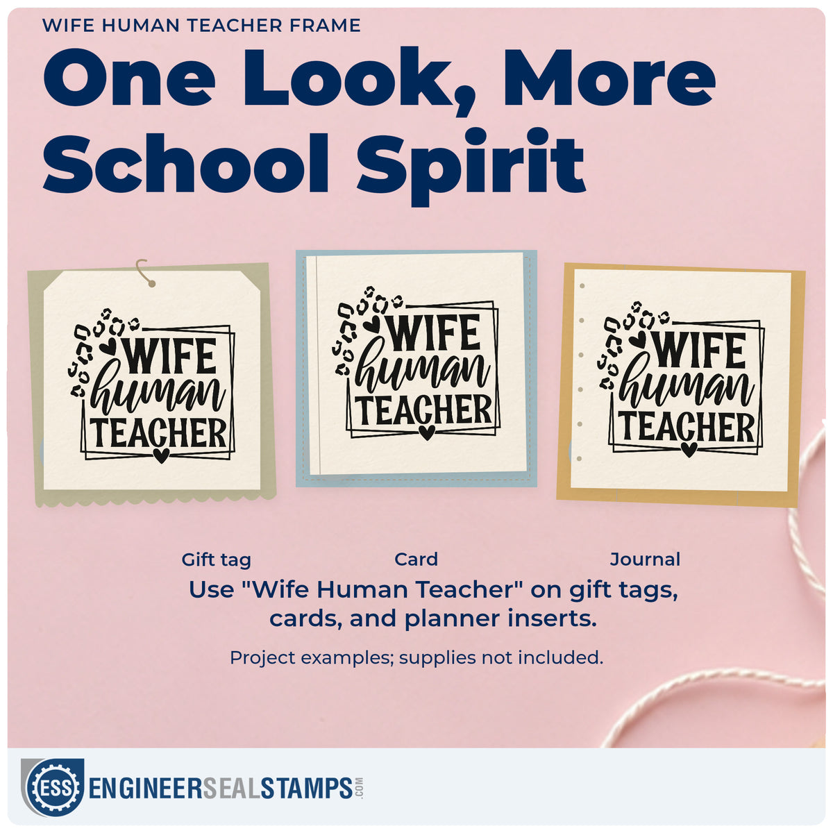 Three project examples made with the Wife Human Teacher Rubber Stamp – Duo Hand, including spice rack labels.