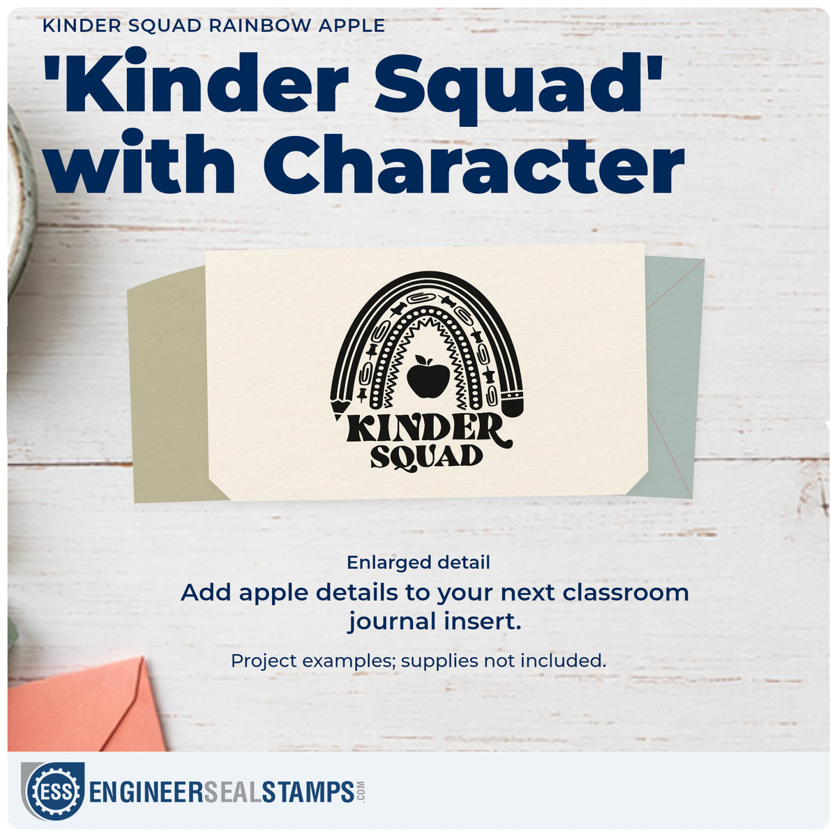Enlarged detail of the Kinder Squad Rainbow Apple Stamp – Self-Inking imprint. “Kinder Squad” appears beneath a patterned pencil-ended rainbow surrounding an apple.