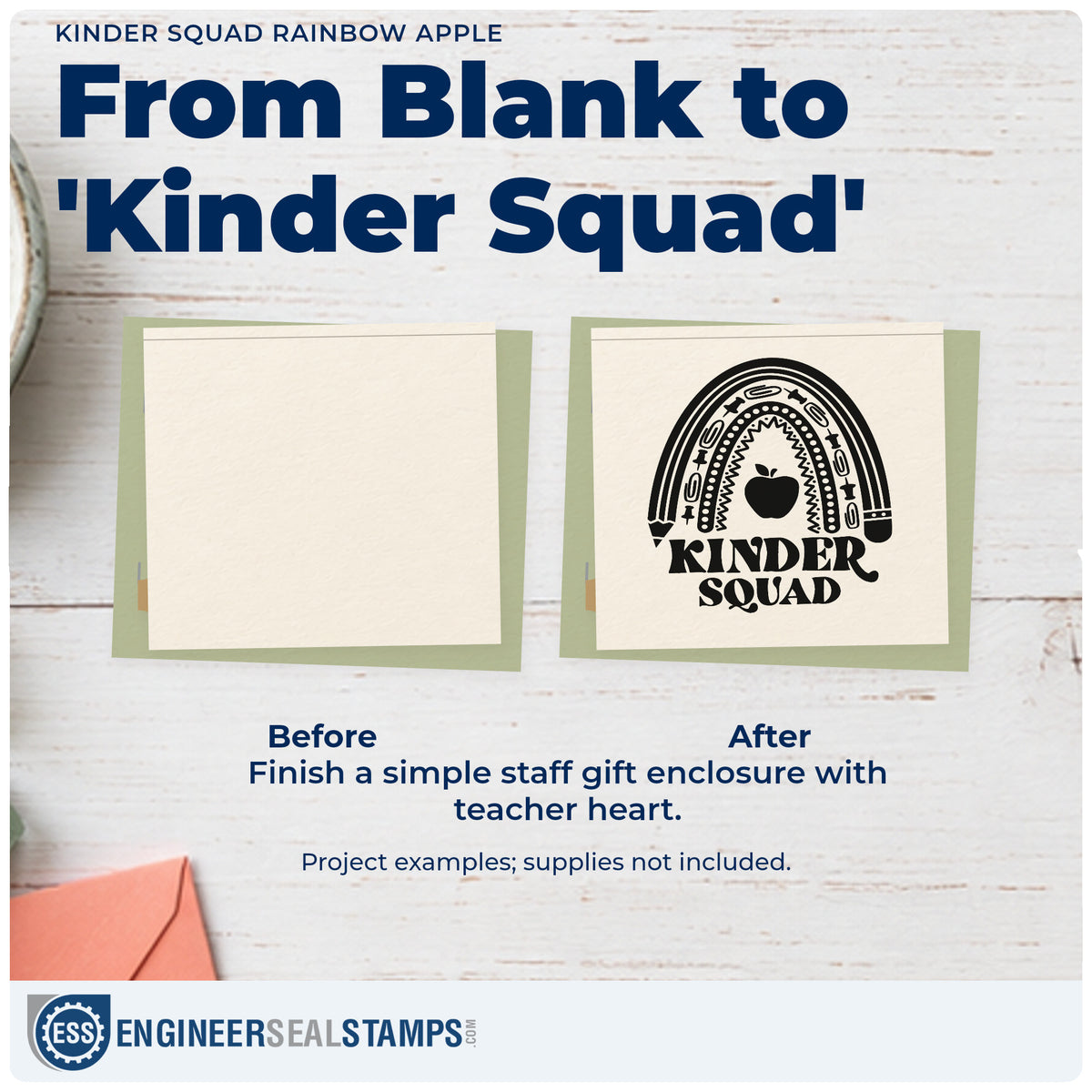 Before and after of a plain item finished with the Kinder Squad Rainbow Apple Duo Hand Stamp, a quick upgrade for book bag seals.