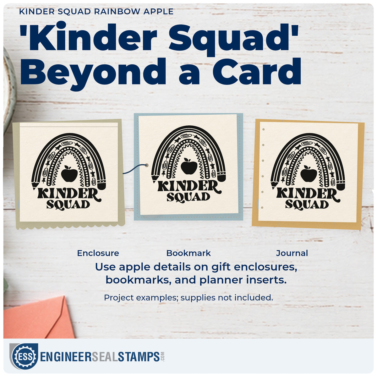 Three project examples made with the Kinder Squad Rainbow Apple Stamp – Self-Inking, including tray front labels.
