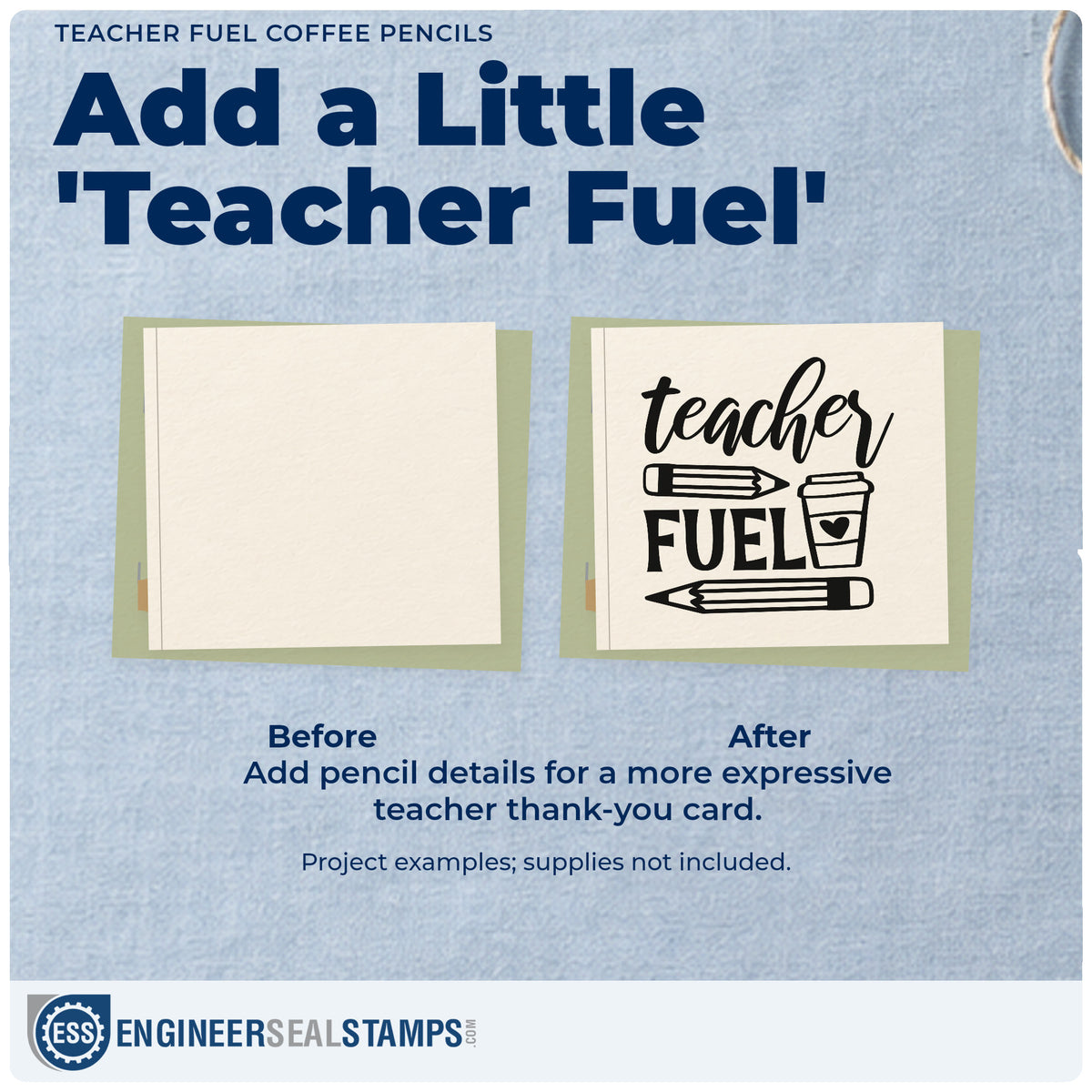 Before and after of a plain item finished with the Teacher Fuel Coffee Pencils With Hearts Pre-Inked Stamp – PSI, a quick upgrade for gift box seals.